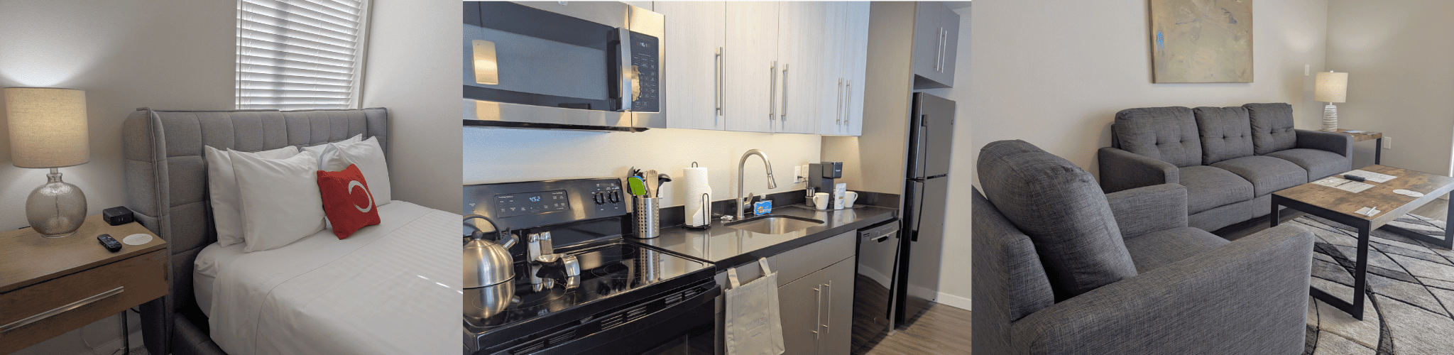 Paragon Corporate Housing Bedroom, Full Kitchen, Living Room in a furnished apartment